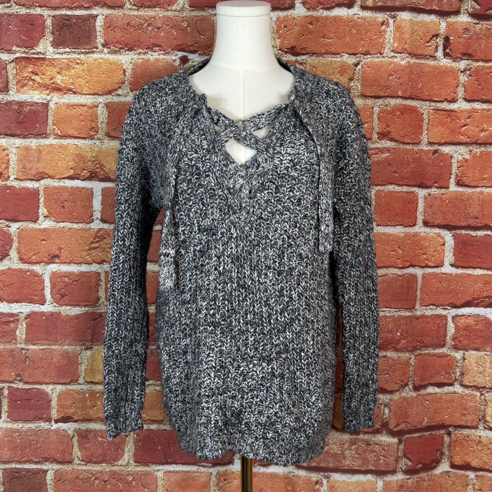 Aerie Women's Size XS Lace Up Sweater Confetti Knit Black White Long Sleeve Fall